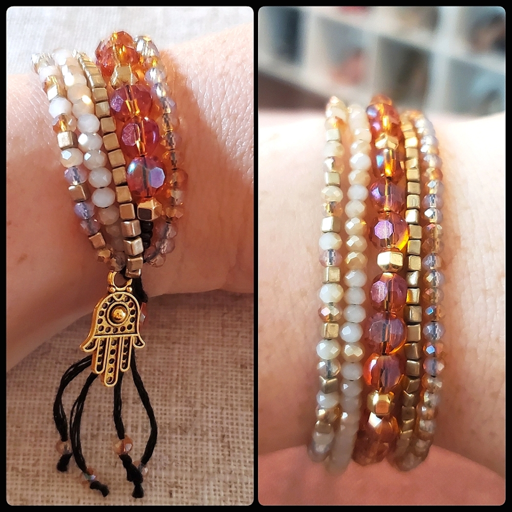 Five Strand Lux Beaded Friendship Bracelet Adjustable - Golds / Oranges